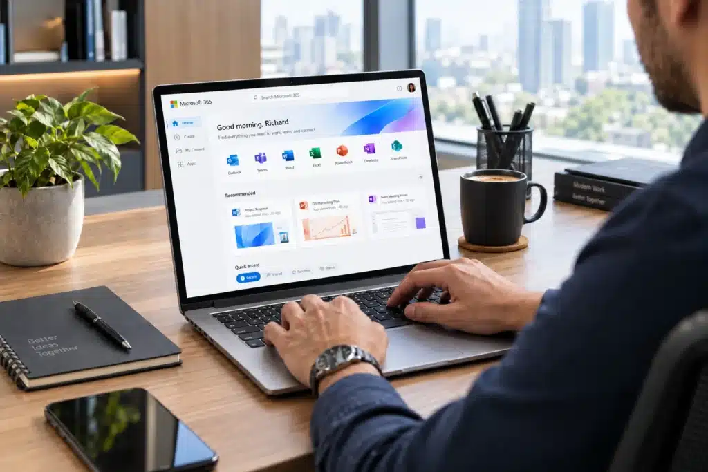 Modern Workspace with Microsoft 365 and City Views